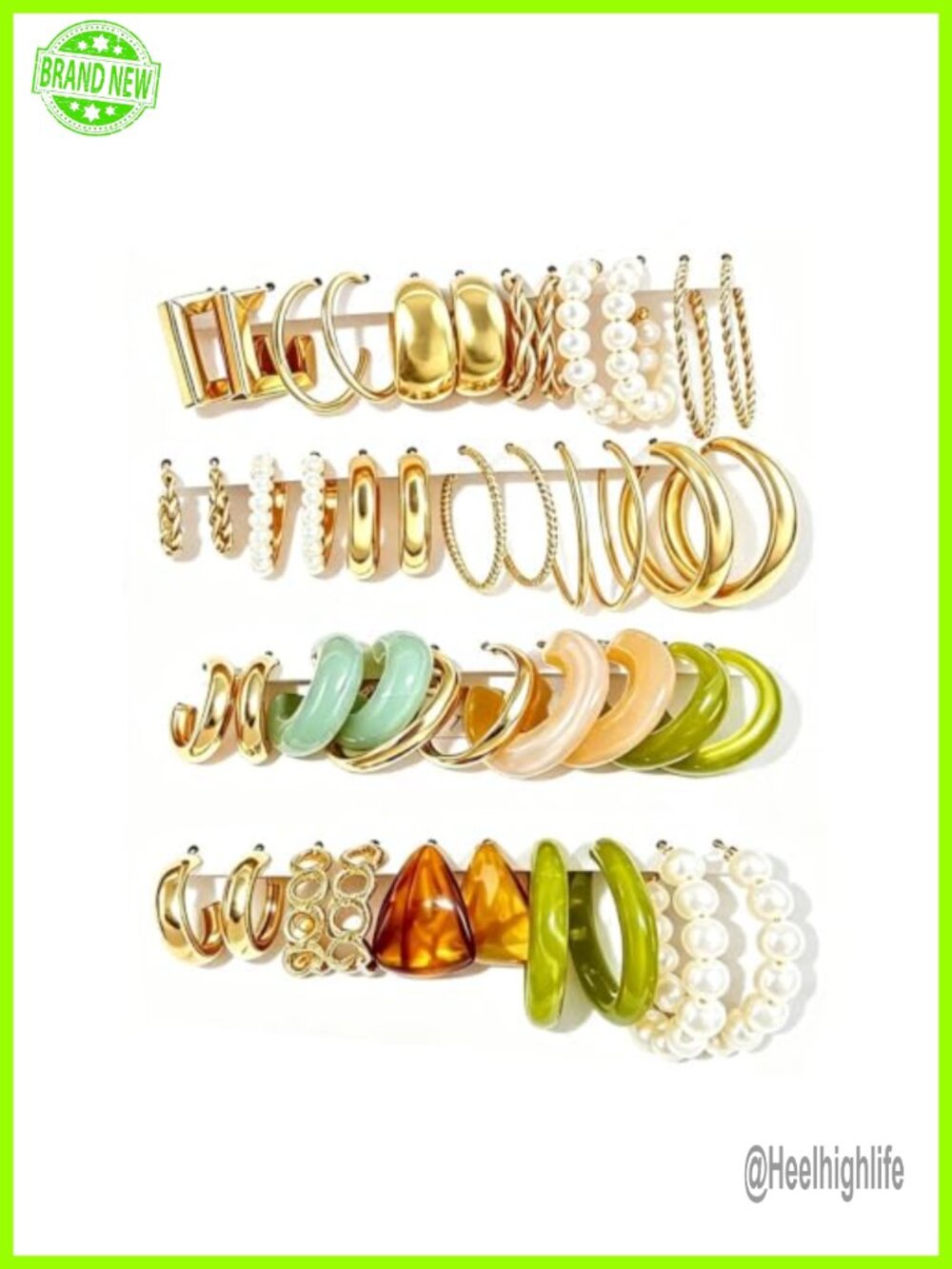 Gold Tone Chunky Hoop Earrings Set 22 Pairs Acrylic Pearl Women